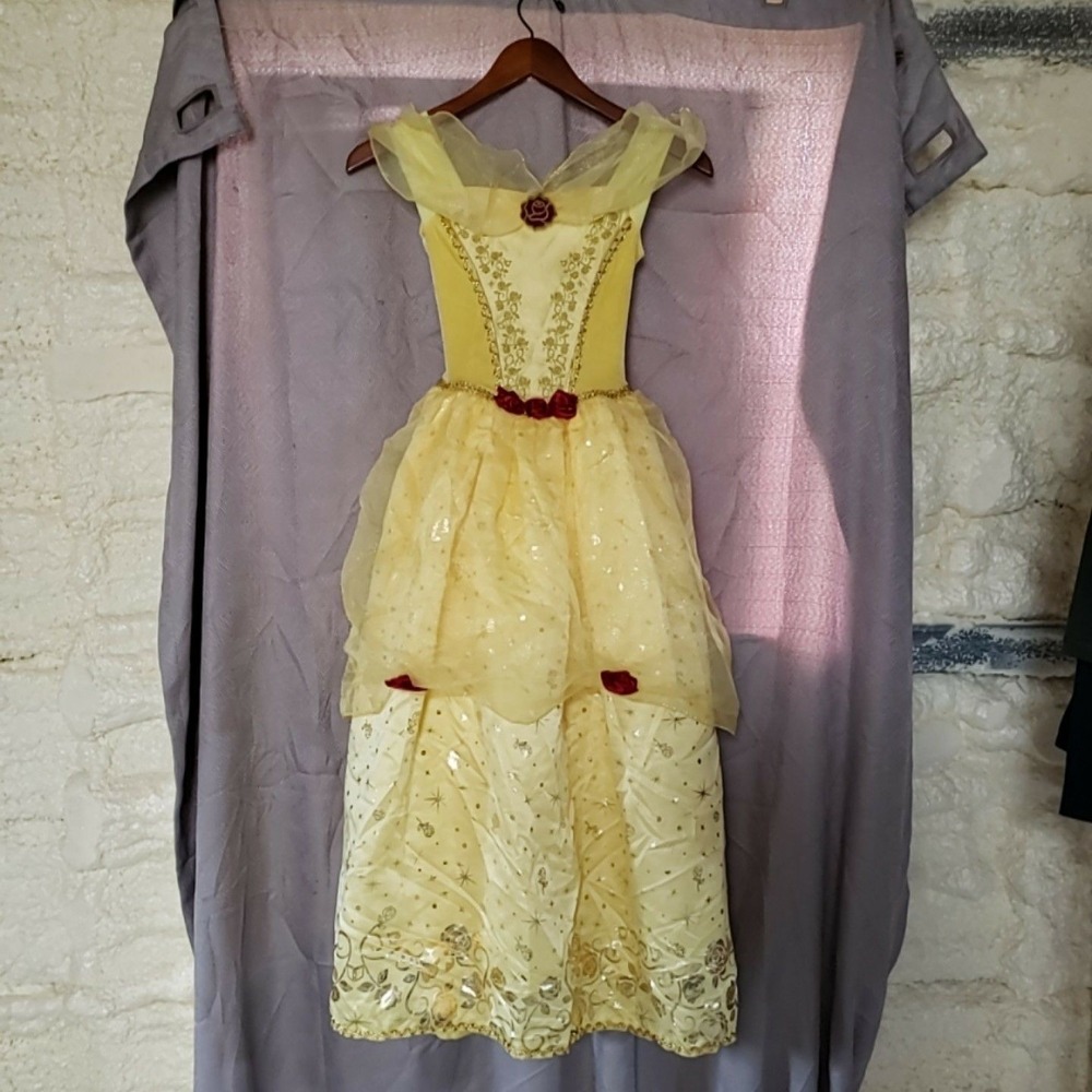 Disney Princess Dress Girls L Yellow Belle Ball Gown Costume Long Glitter Party